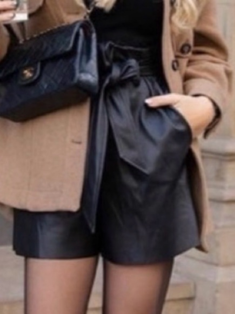 Zara Black High-Waist Faux-Leather Shorts with Waist Tie